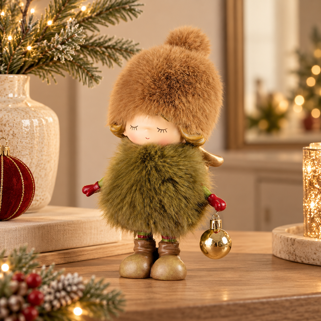 Bambina Natalizia con Cappello in Ecopelliccia Marrone, Abito Verde Oliva e Pallina Oro – Collezione Festa nel Bosco 13x9x22 cm