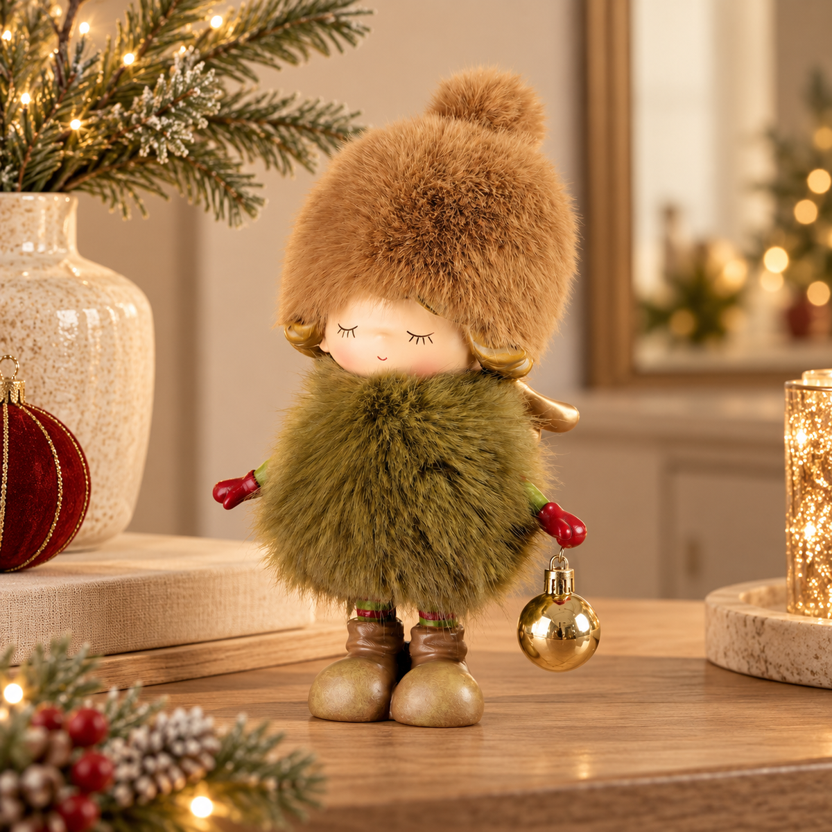Bambina Natalizia con Cappello in Ecopelliccia Marrone, Abito Verde Oliva e Pallina Oro – Collezione Festa nel Bosco 13x9x22 cm