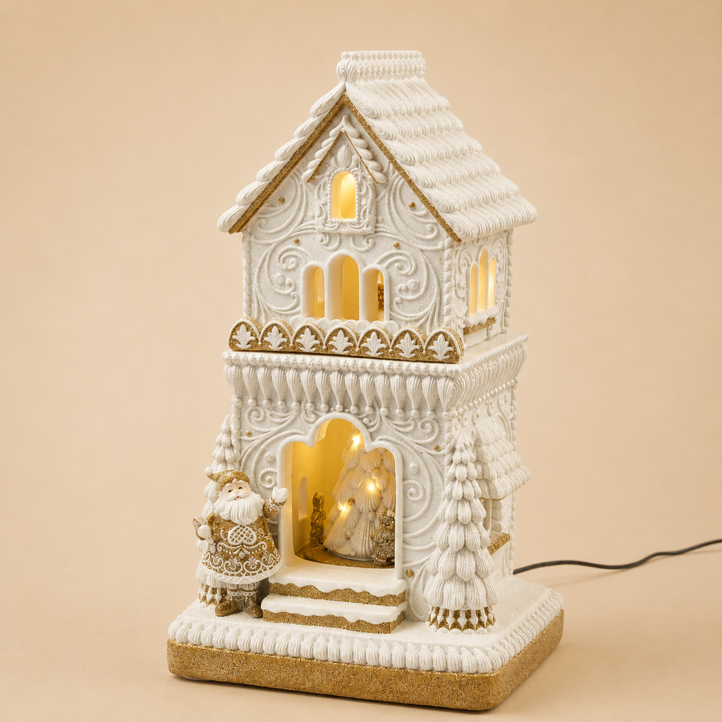 Casetta Marzapane con Mini LED, Movimento e Musica – H 47 cm
