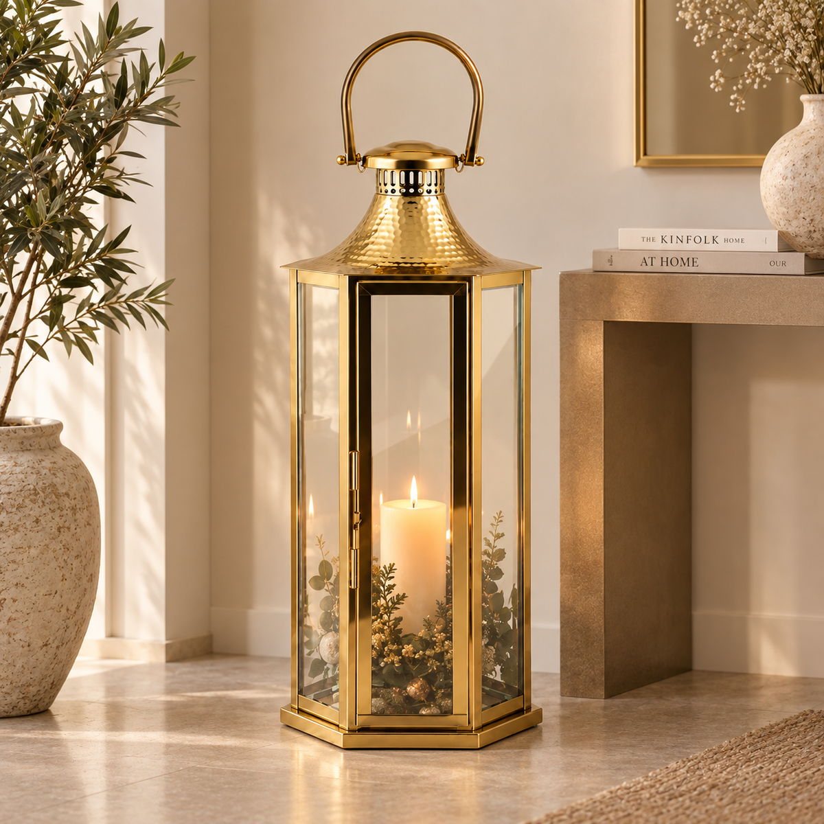 Lanterna Esagonale Oro in Metallo e Vetro Ø 30 x H 79 cm - EDG