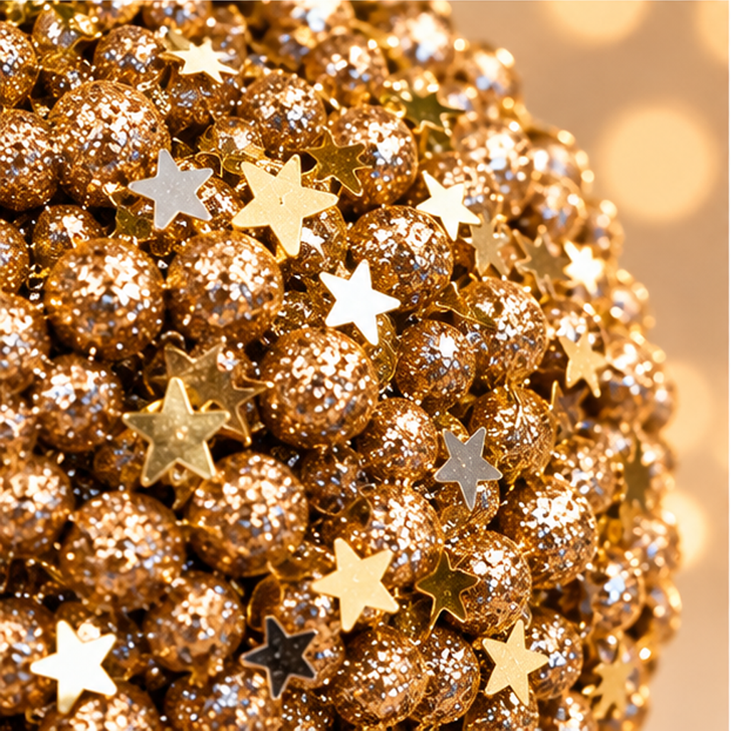 Sfera di Natale Oro Champagne con Glitter e Stelline Ø 10 cm in PVC