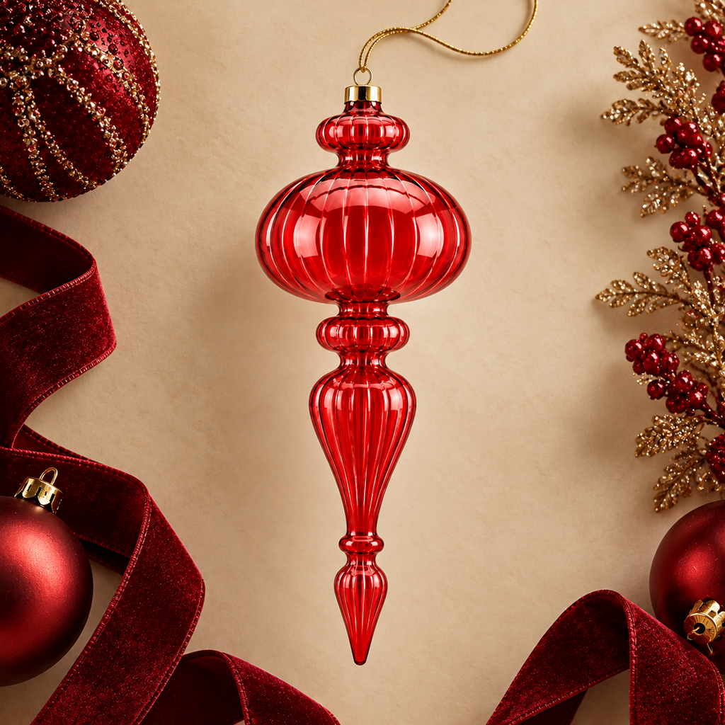Trottola Pendaglio Natalizio a Goccia in Vetro Rosso con Scanalature Ø8,5xH25 cm – EDG