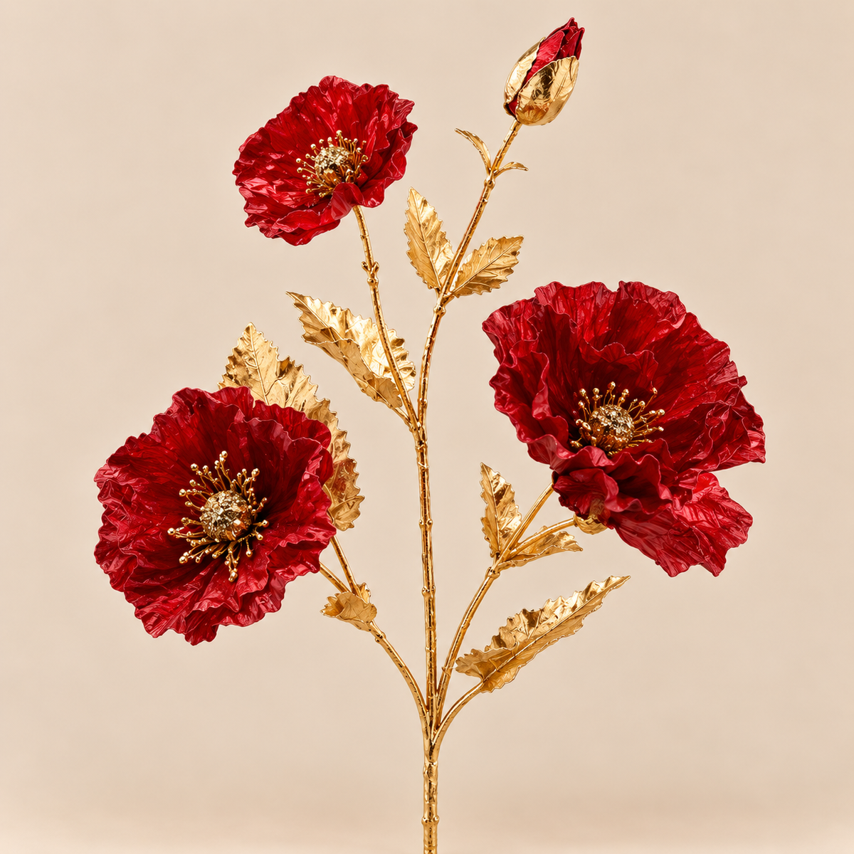 Ramo Papavero Artificiale Rosso e Oro h.64 cm