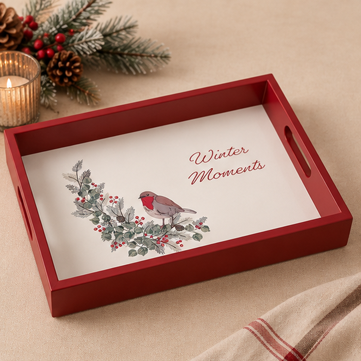 Vassoio Rettangolare Leonora in Legno Rosso con Pettirosso e Scritta Winter Moments 35 x 25 cm
