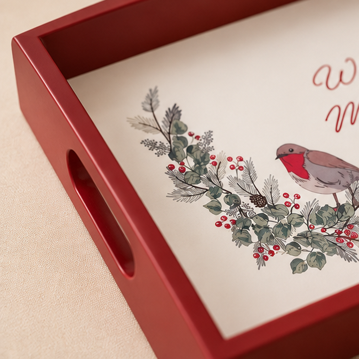 Vassoio Rettangolare Leonora in Legno Rosso con Pettirosso e Scritta Winter Moments 35 x 25 cm
