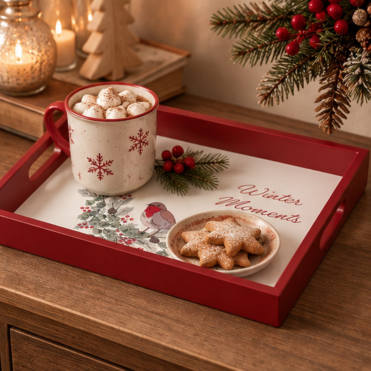 Vassoio Rettangolare Leonora in Legno Rosso con Pettirosso e Scritta Winter Moments 35 x 25 cm