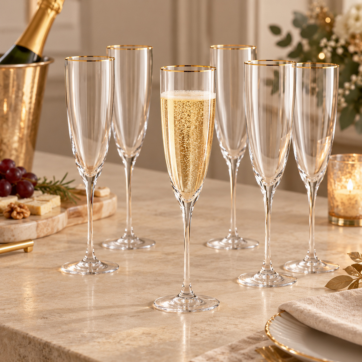 Set 6 Calici Flûte da Champagne in Vetro Trasparente con Bordo Oro – 260 ml