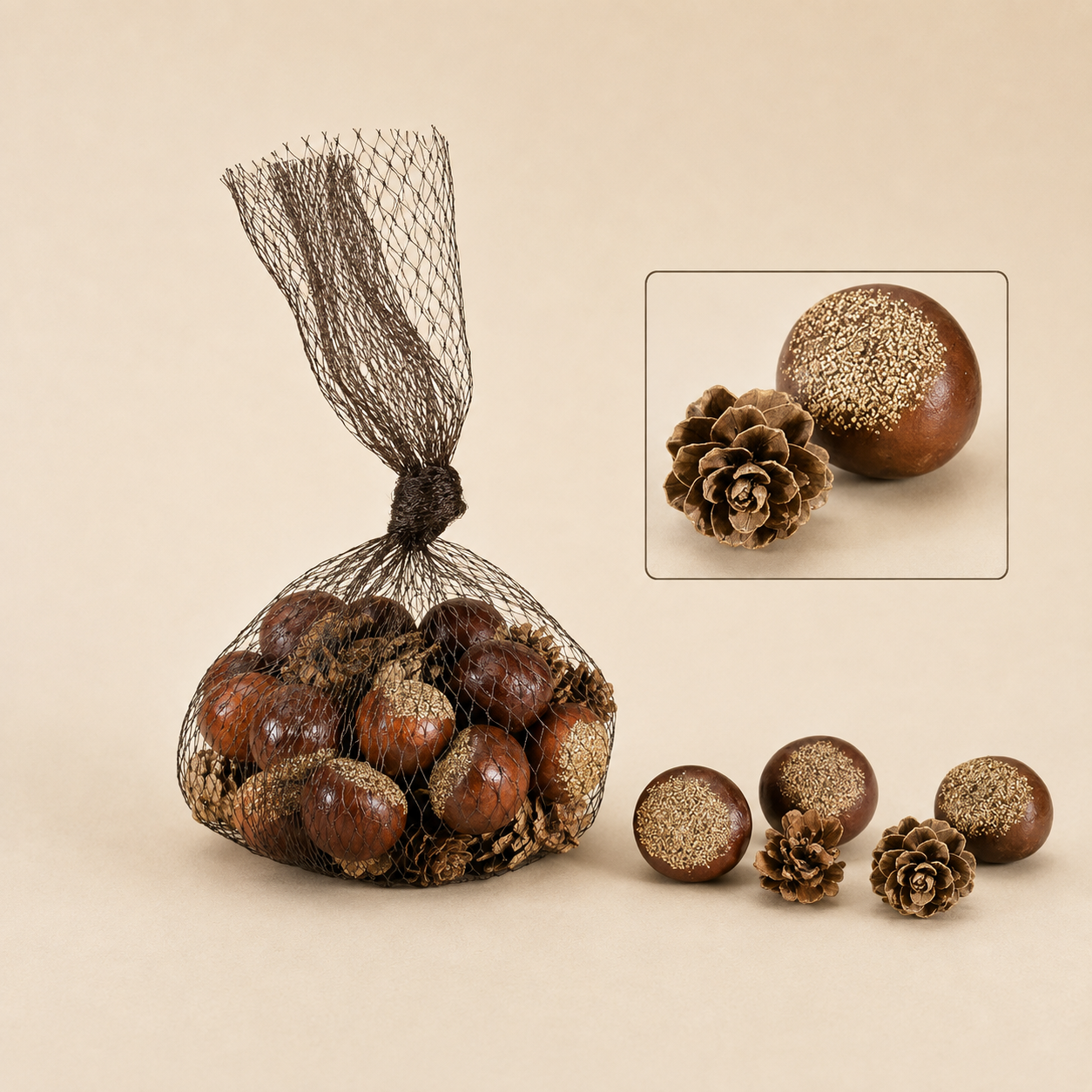 Castagne e Pigne Artificiali Decorative – Confezione 48 Pezzi