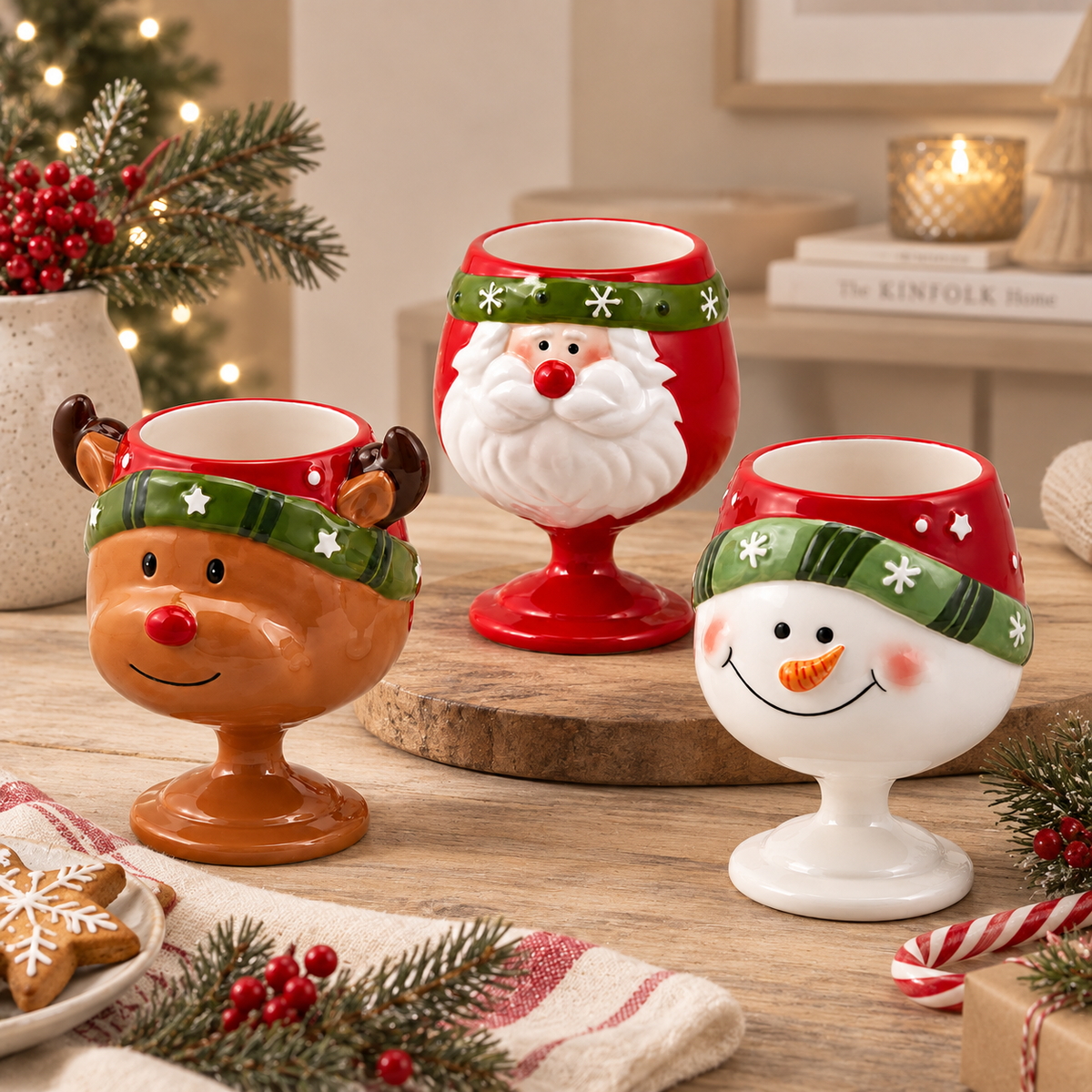 Calice Natalizio EDG in Ceramica – Renna, Babbo Natale e Pupazzo di Neve – Ø 10,5 x H 13 cm