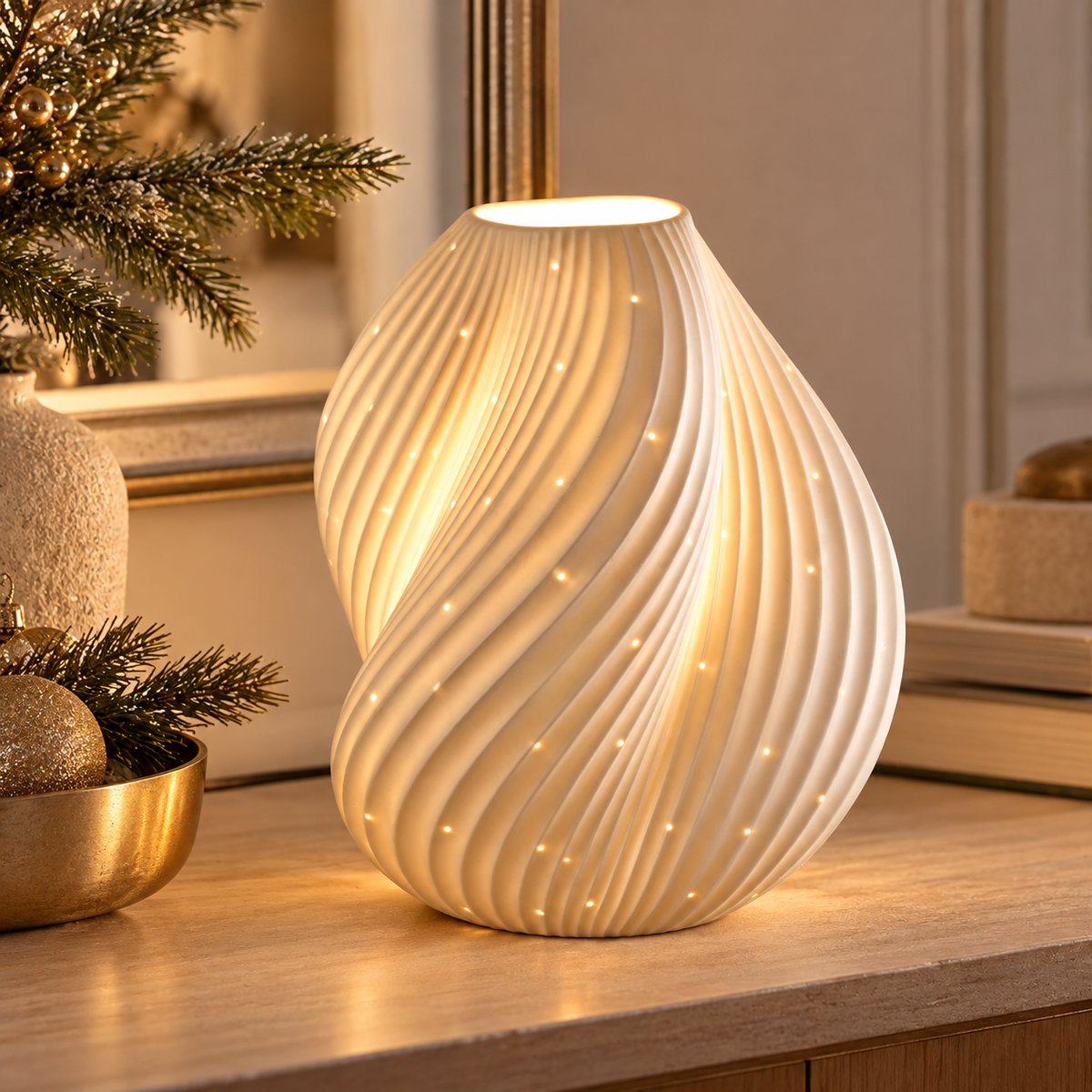 Lampada Decorativa LED in Porcellana Bianca con Lavorazione a Spirale – Collezione Incanto Invernale 19x23 cm (Copia)