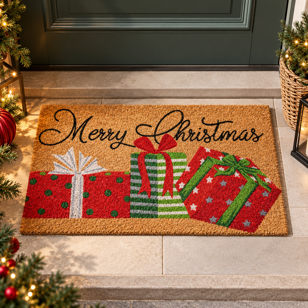 Zerbino Natalizio in Fibra di Cocco Naturale con Scritta Merry Christmas e Pacchi Regalo Rossi e Verdi – Collezione Benvenuto Natale! 75x45 cm
