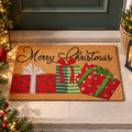 Zerbino Natalizio in Fibra di Cocco Naturale con Scritta Merry Christmas e Pacchi Regalo Rossi e Verdi – Collezione Benvenuto Natale! 75x45 cm