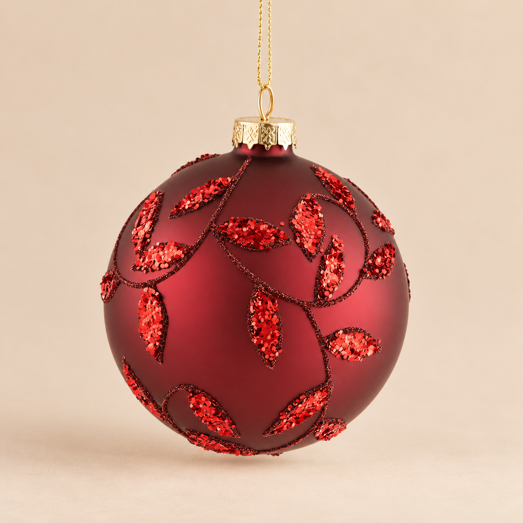 Pallina di Natale in Vetro Bordeaux con Rami e Foglie Glitterate Rosso Rubino – Ø 8 cm