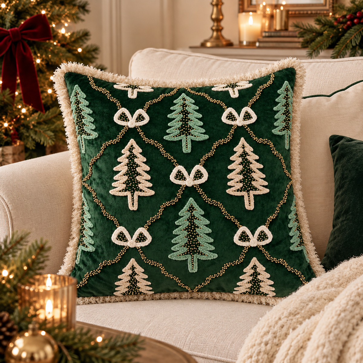 Cuscino Natalizio Decorativo Verde Bosco con Alberi di Natale Ricamati e Applicazioni Oro 50 x 50 cm