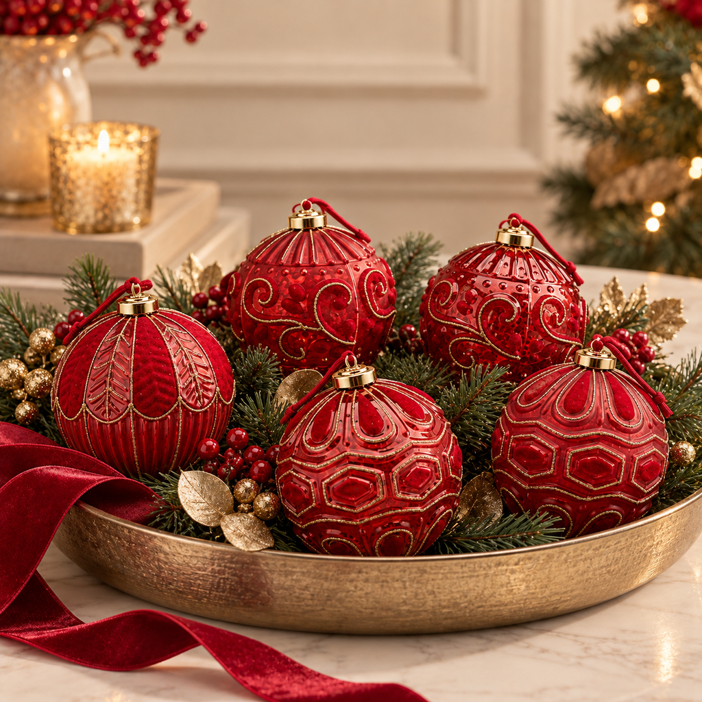 Sfera di Natale EDG in Vetro Rosso con Decori Barocchi Dorati in Rilievo – Ø 10 cm