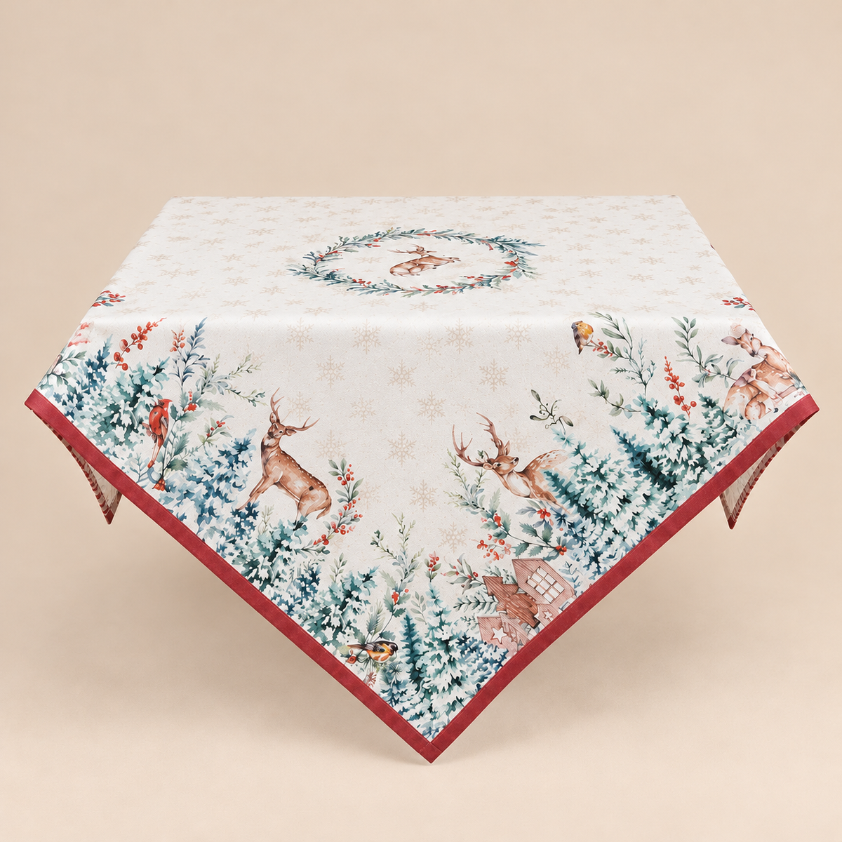 Tovaglia Natalizia Rettangolare in Cotone con Renne, Bosco Innevato e Bordo Bordeaux 130 x 180 cm