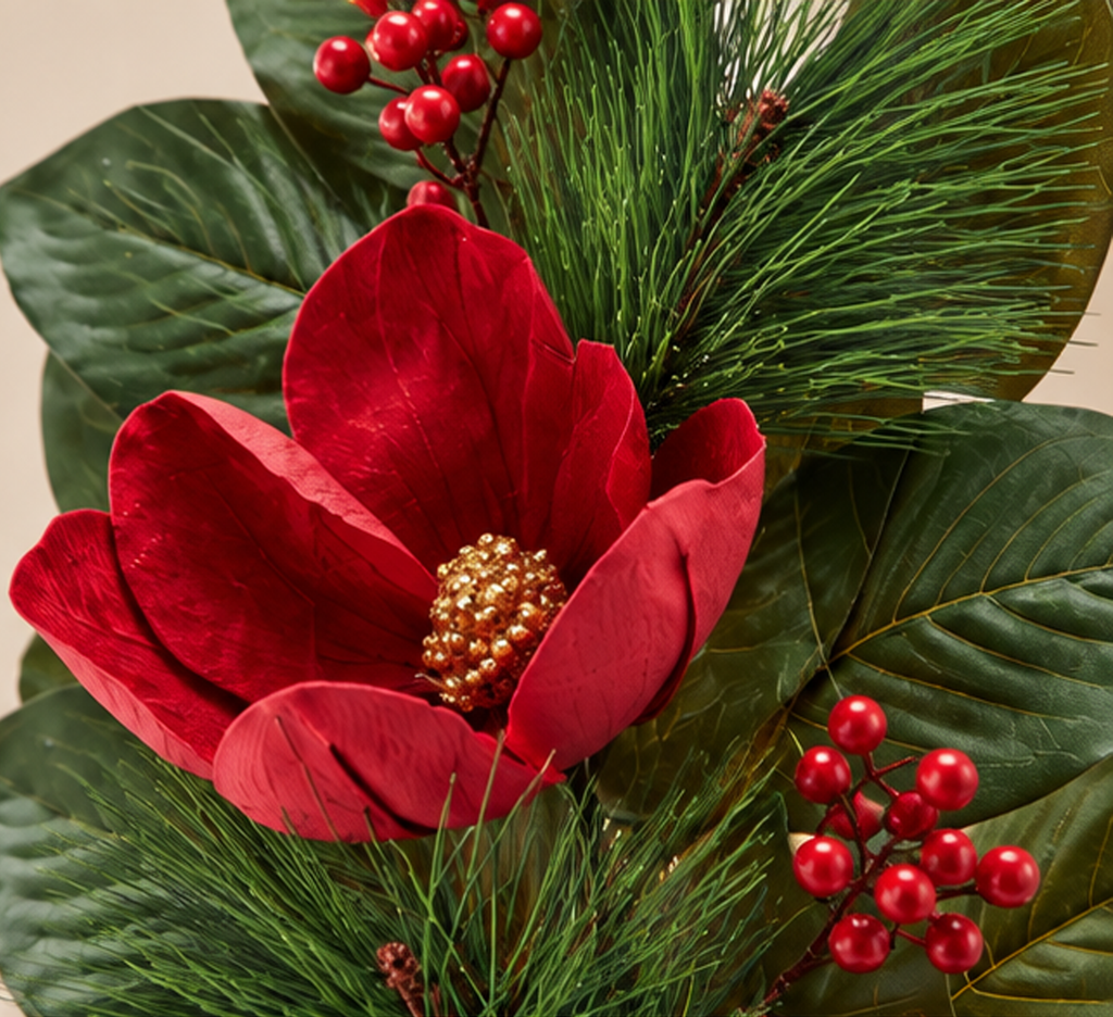 Ramo Magnolia Natalizio Rosso con Bacche e Foliage h.104 cm