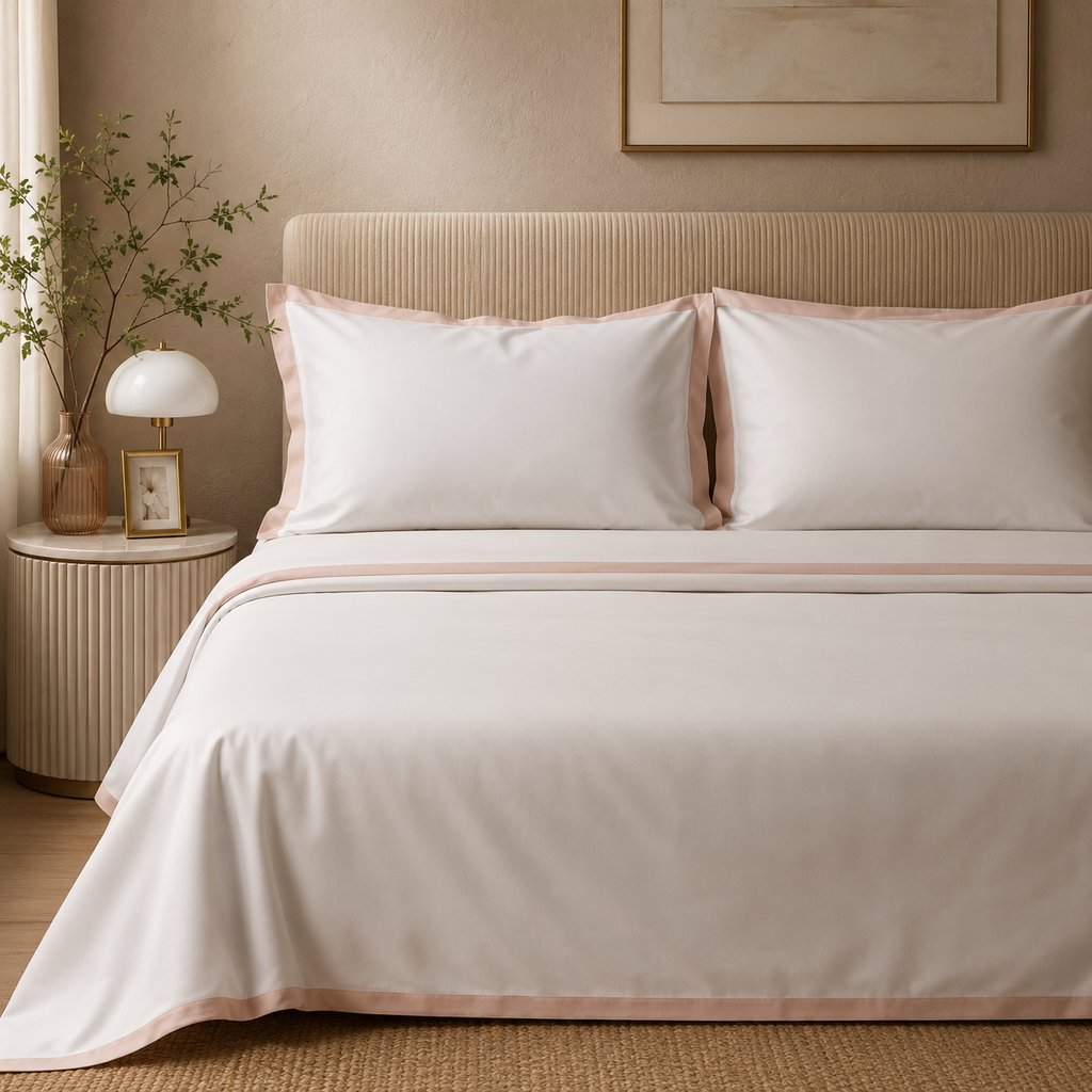 Completo Letto Matrimoniale Hellen – Raso di Puro Cotone 300 TC – Bianco Seta/Rosa Boho