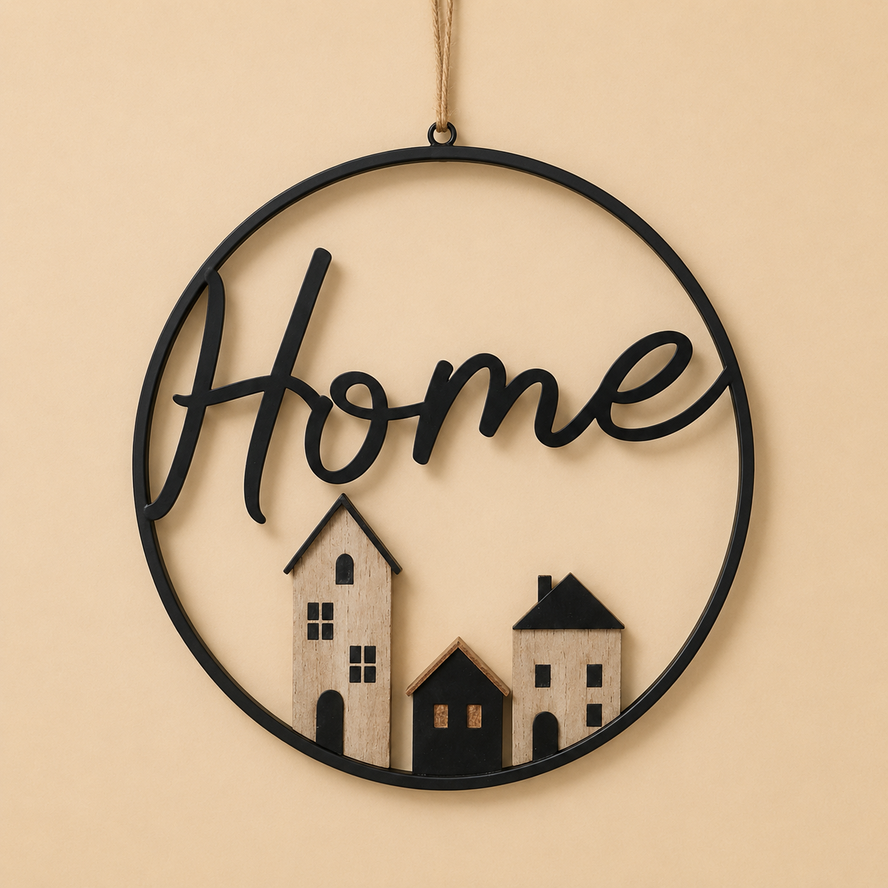 Decorazione da parete “Home” in legno e metallo — Ø 38 cm Nera