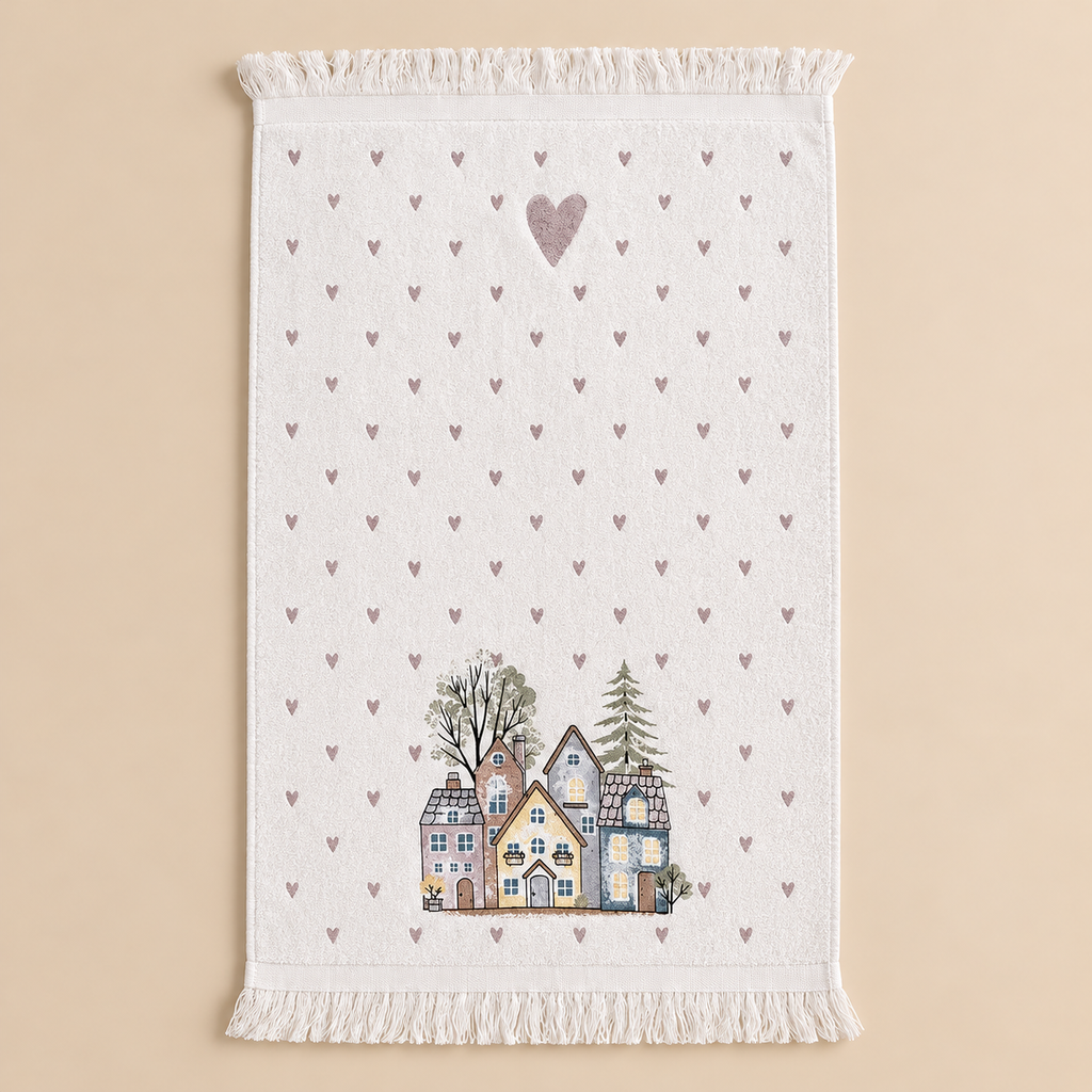 Asciugamano Ospite Bianco in Cotone con Casette Invernali e Cuoricini Rosa 40 x 66 cm