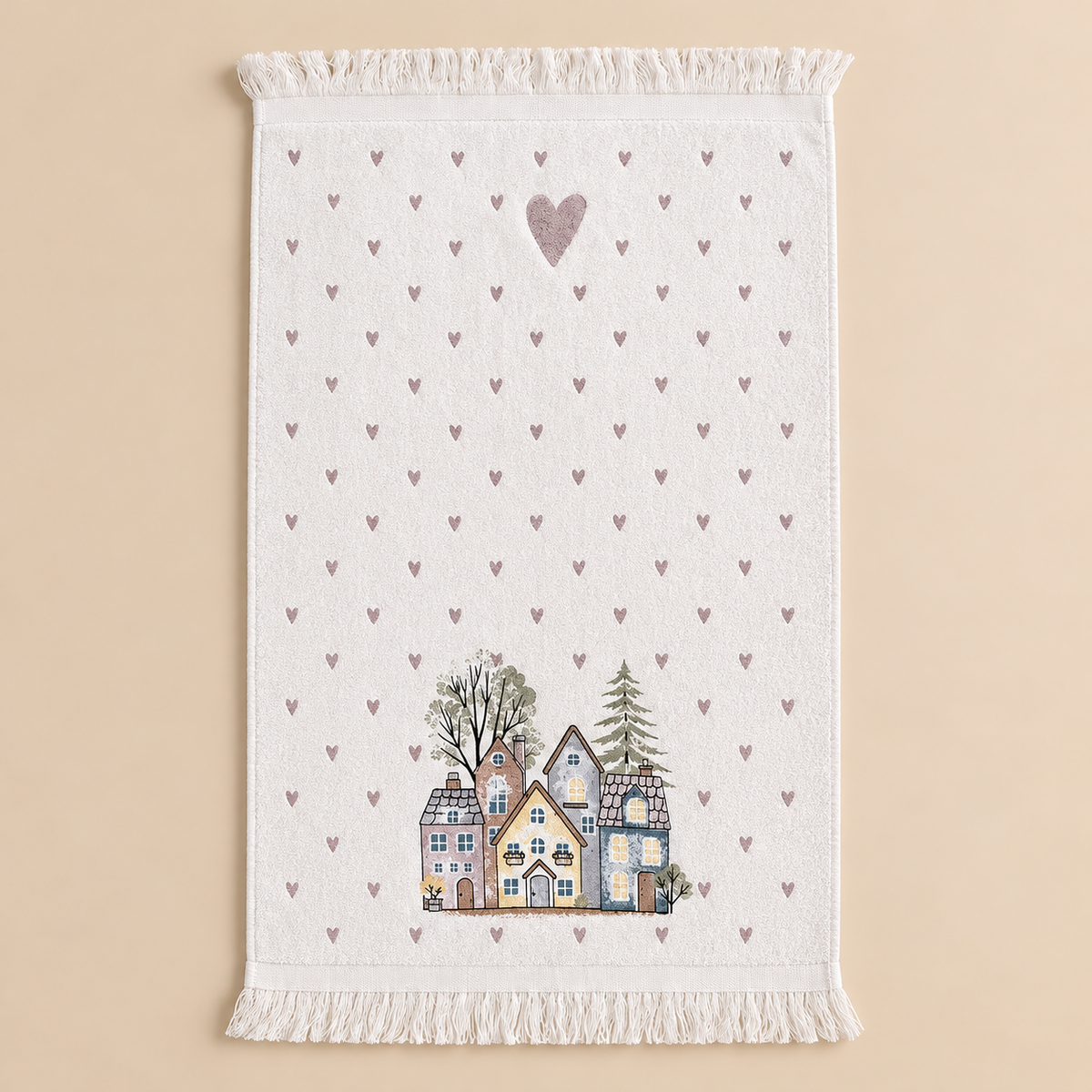 Asciugamano Ospite Bianco in Cotone con Casette Invernali e Cuoricini Rosa 40 x 66 cm