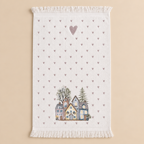 Asciugamano Ospite Bianco in Cotone con Casette Invernali e Cuoricini Rosa 40 x 66 cm