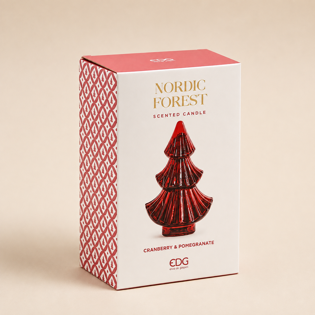 Candela Natalizia Profumata "Nordic Forest" a Forma di Albero rosso h.25cm