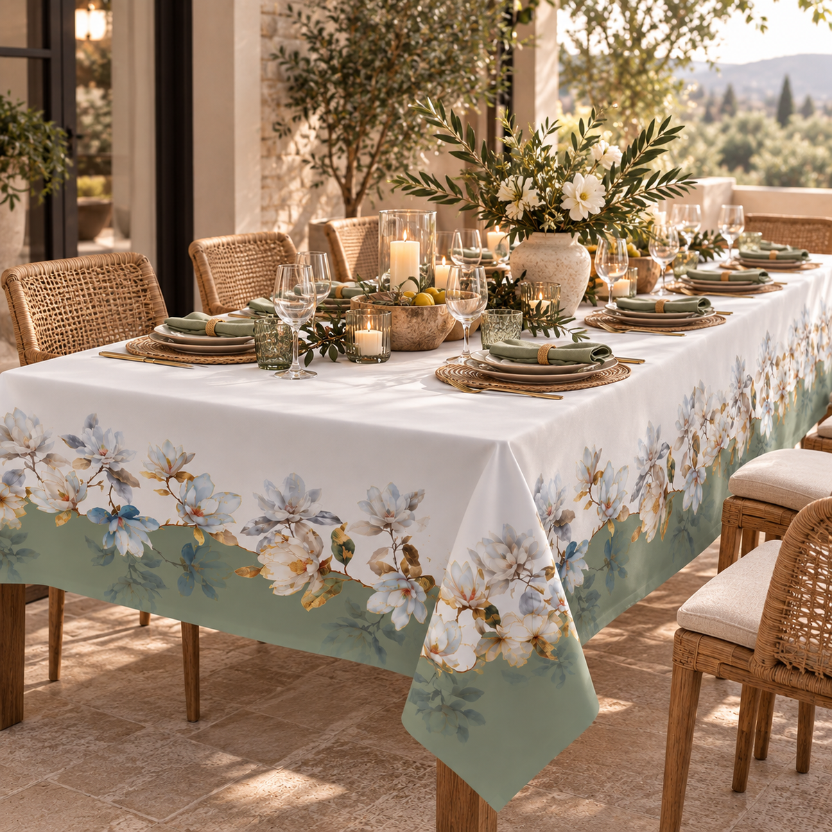 Tovaglia Rettangolare 155 x 320cm KAORI in Panama di Puro Cotone 100% con Stampa Digitale Floreale – Made in Italy
