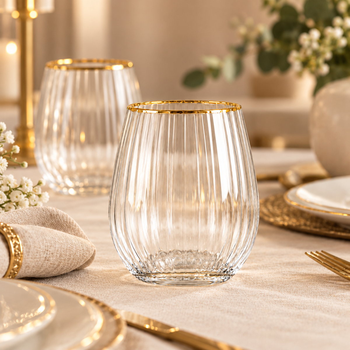 Set 6 Bicchieri in Vetro Trasparente Rigato con Bordo Oro – Ø 9 x H 10 cm