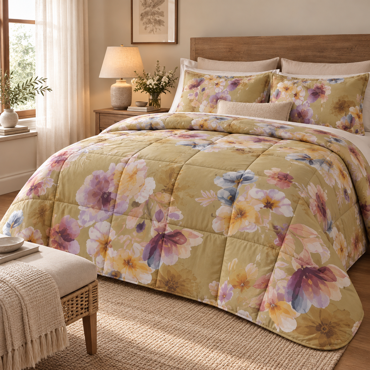 Trapunta Matrimoniale Yumi Floreale in Percalle di Cotone Verde Oliva 270 x 270 cm – Tessitura Randi