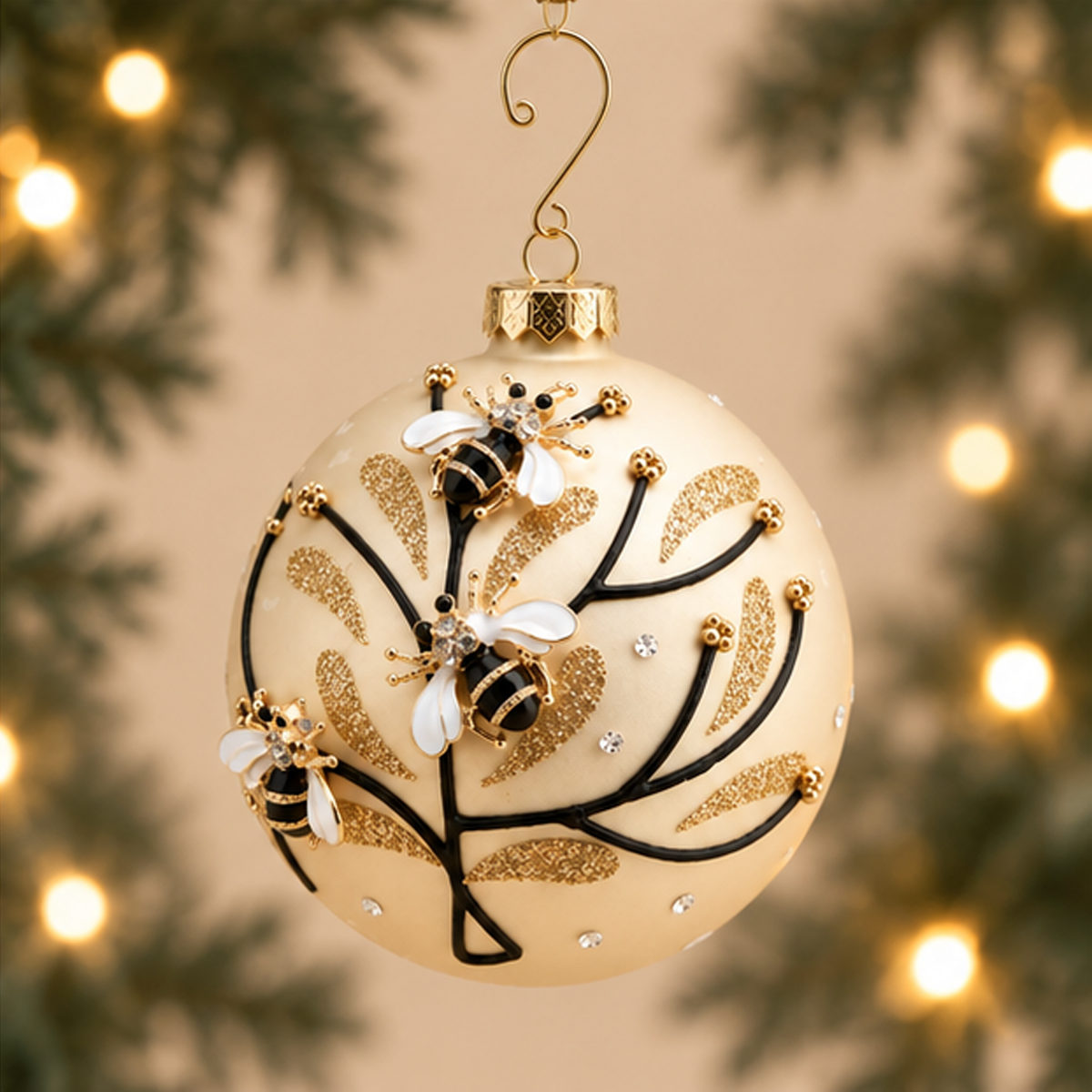 Sfera di Natale Ape su Ramo Avorio e Oro Ø 10 cm in Vetro Fatta a Mano