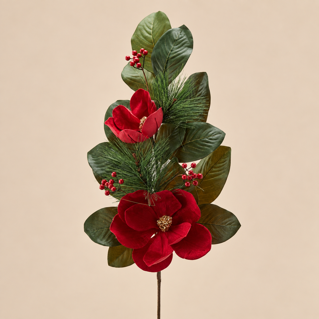 Ramo Magnolia Natalizio Rosso con Bacche e Foliage h.104 cm