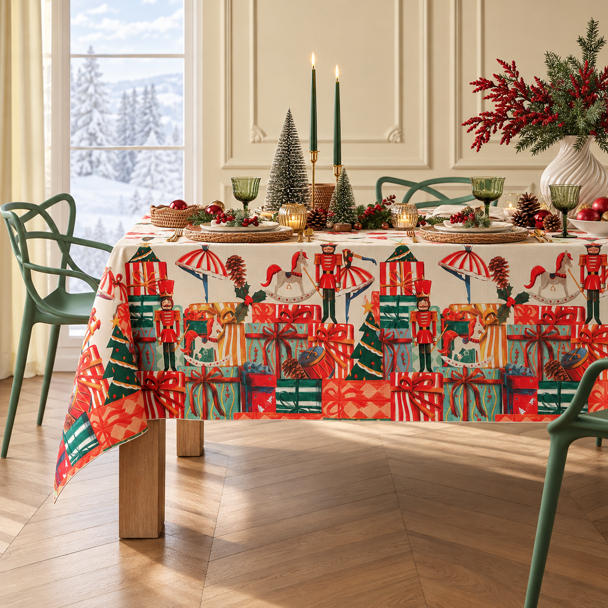 Tovaglia Natalizia Pacchi Regalo Idrorepellente Antimacchia in Poliestere con Orlo Cordino 155x270 cm – Collezione TAVOLA DELLE FESTE