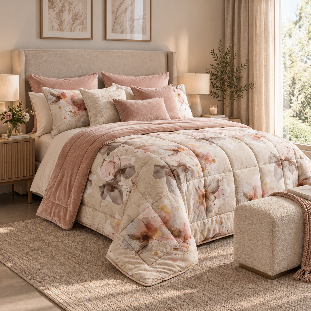 Trapunta Matrimoniale Invernale Double-Face in Percalle di Cotone Riciclato 200 T.C. con Fantasia Floreale Rosa e Tortora 270 x 270 cm – Tessitura Randi