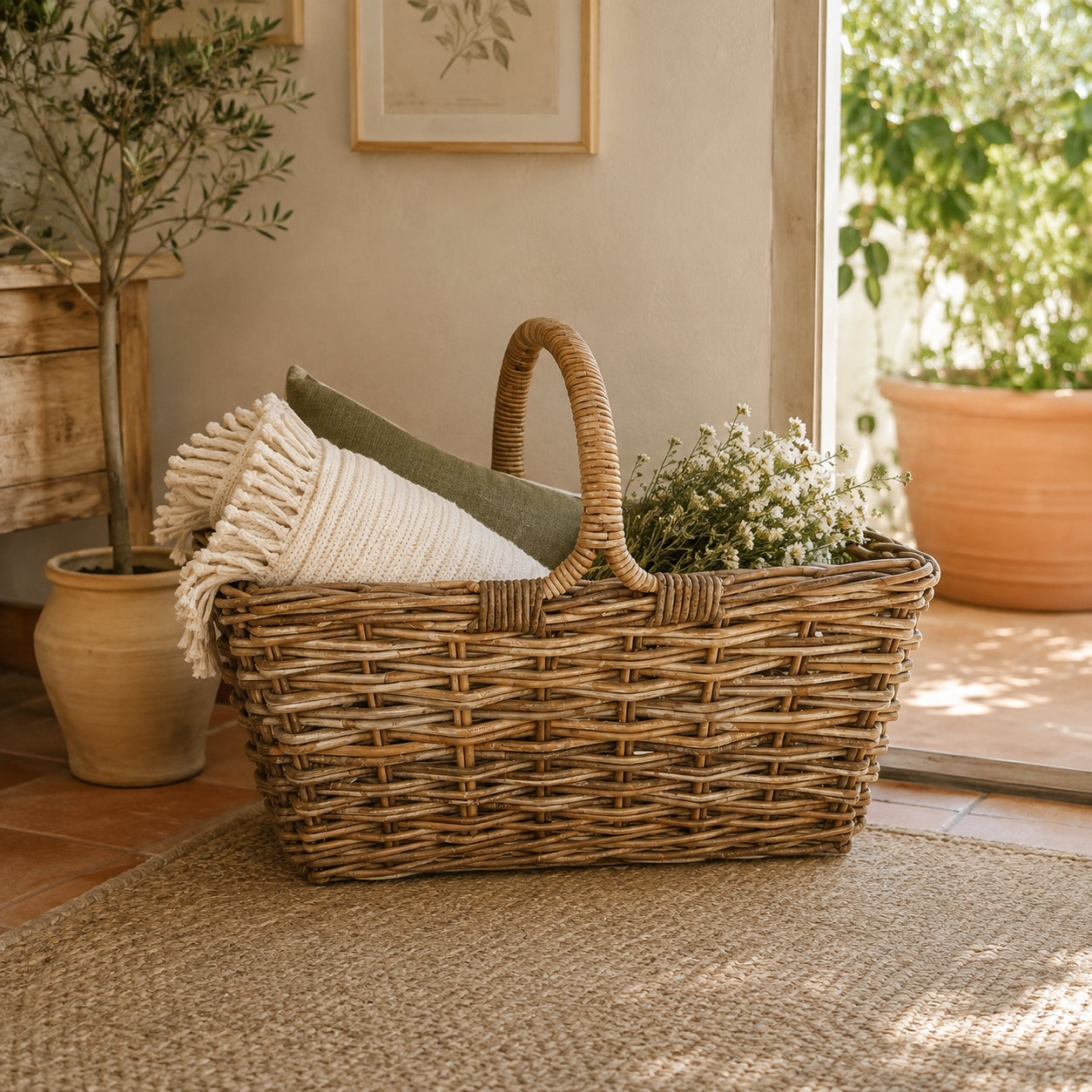 Cesto Rettangolare in Rattan con Manico – 60 x 30 x H 40 cm