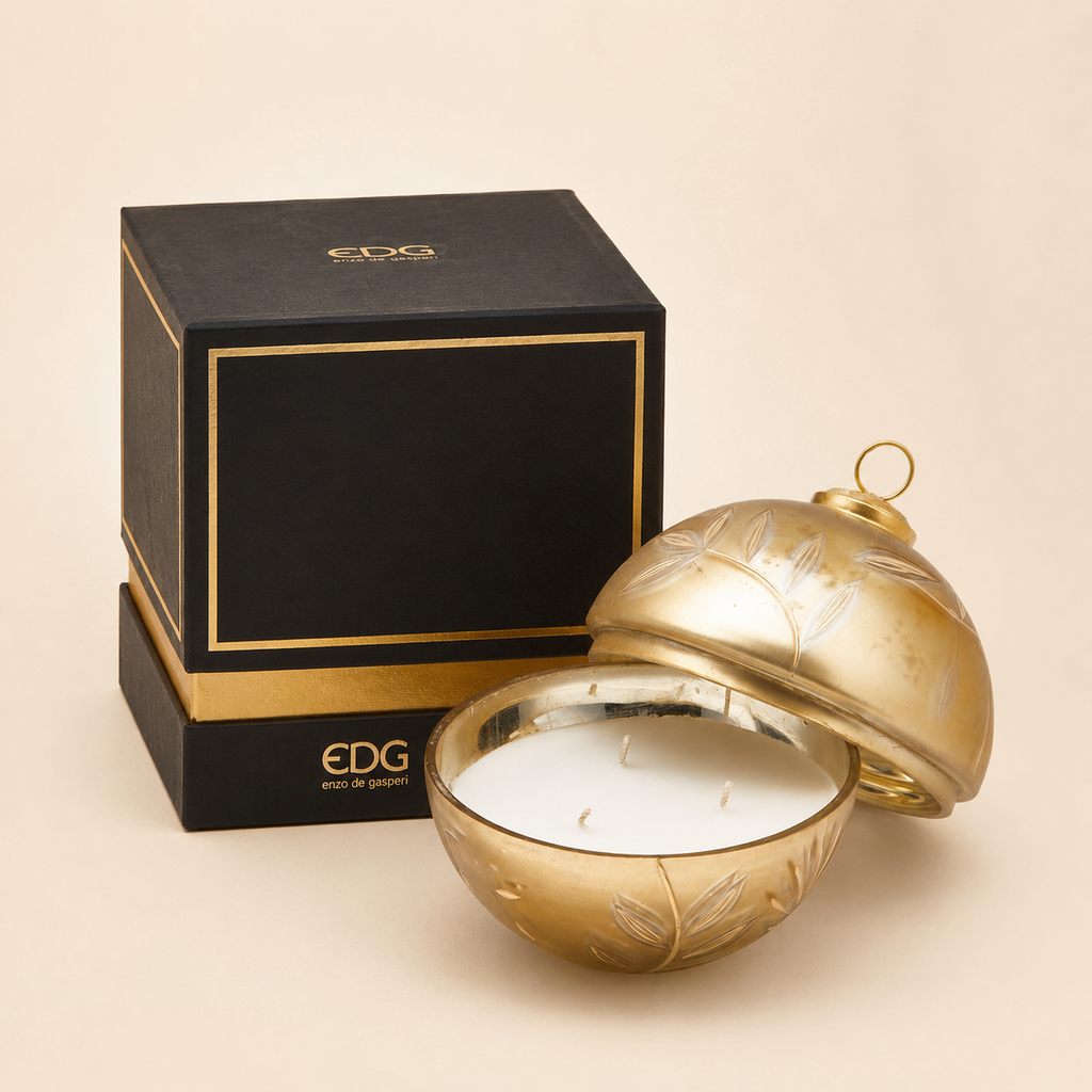 Candela Profumata Sfera di Natale "Foglie" oro 13cm