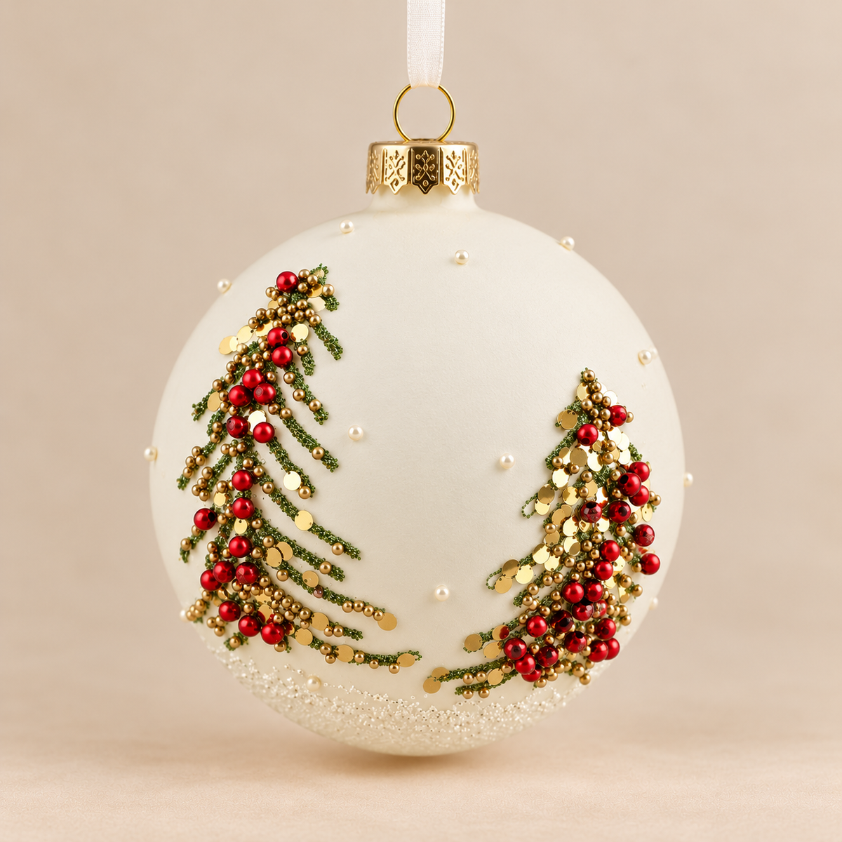 Sfera di Natale in Vetro Bianco Avorio con Rami Natalizi, Bacche Rosse e Dettagli Dorati – Ø 8,5 cm