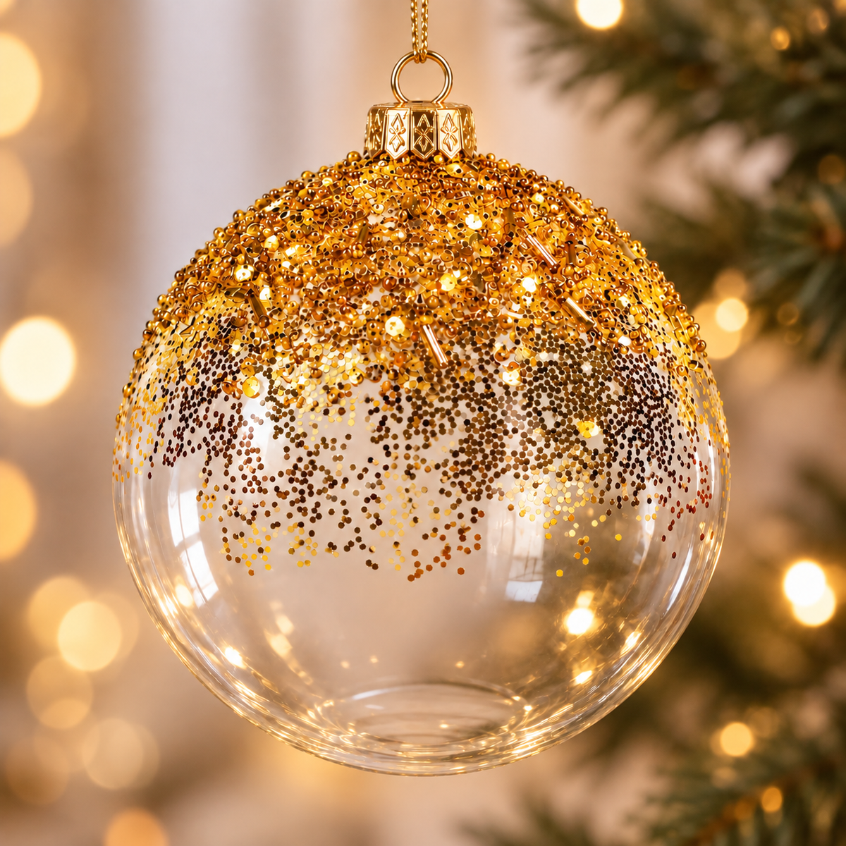 Sfera di Natale in Vetro Trasparente e Oro con Glitter Ø 12 cm