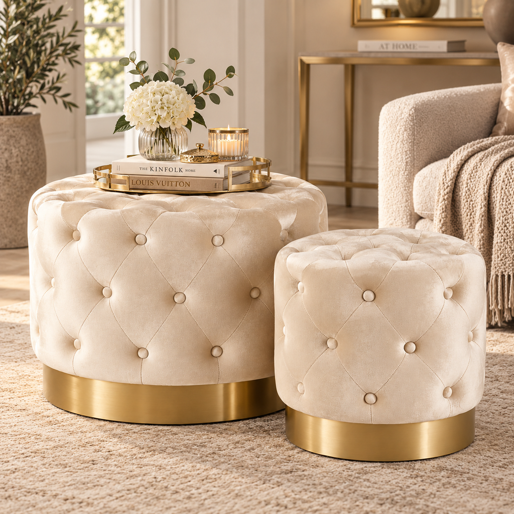 Pouf Rotondo Capitonné in Velluto Avorio con Base Oro - EDG