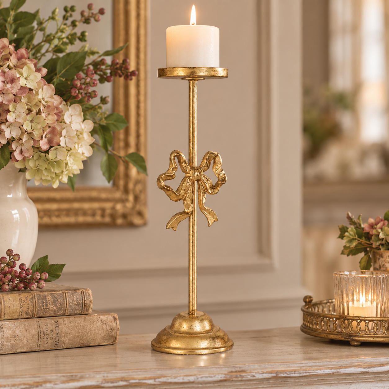 Portacandela Alto con Fiocco Oro Anticato 35,6 cm