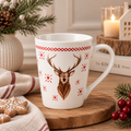 Tazza in Ceramica Bianca con Cervo e Decorazioni Rosse – 450 ml – 15 x 11 x 9 cm