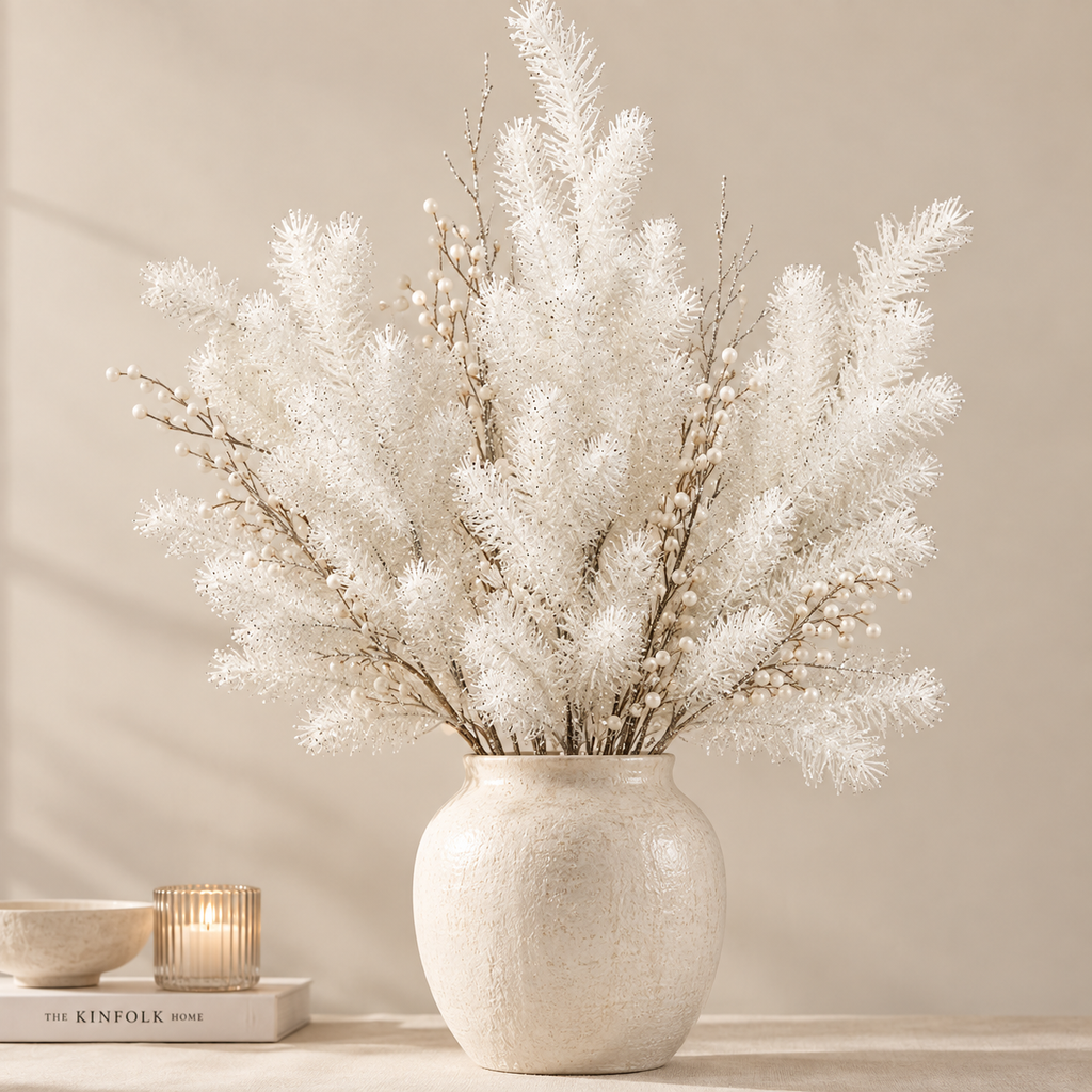 Ramo di Pino Artificiale Bianco Glitter H 96 cm - EDG