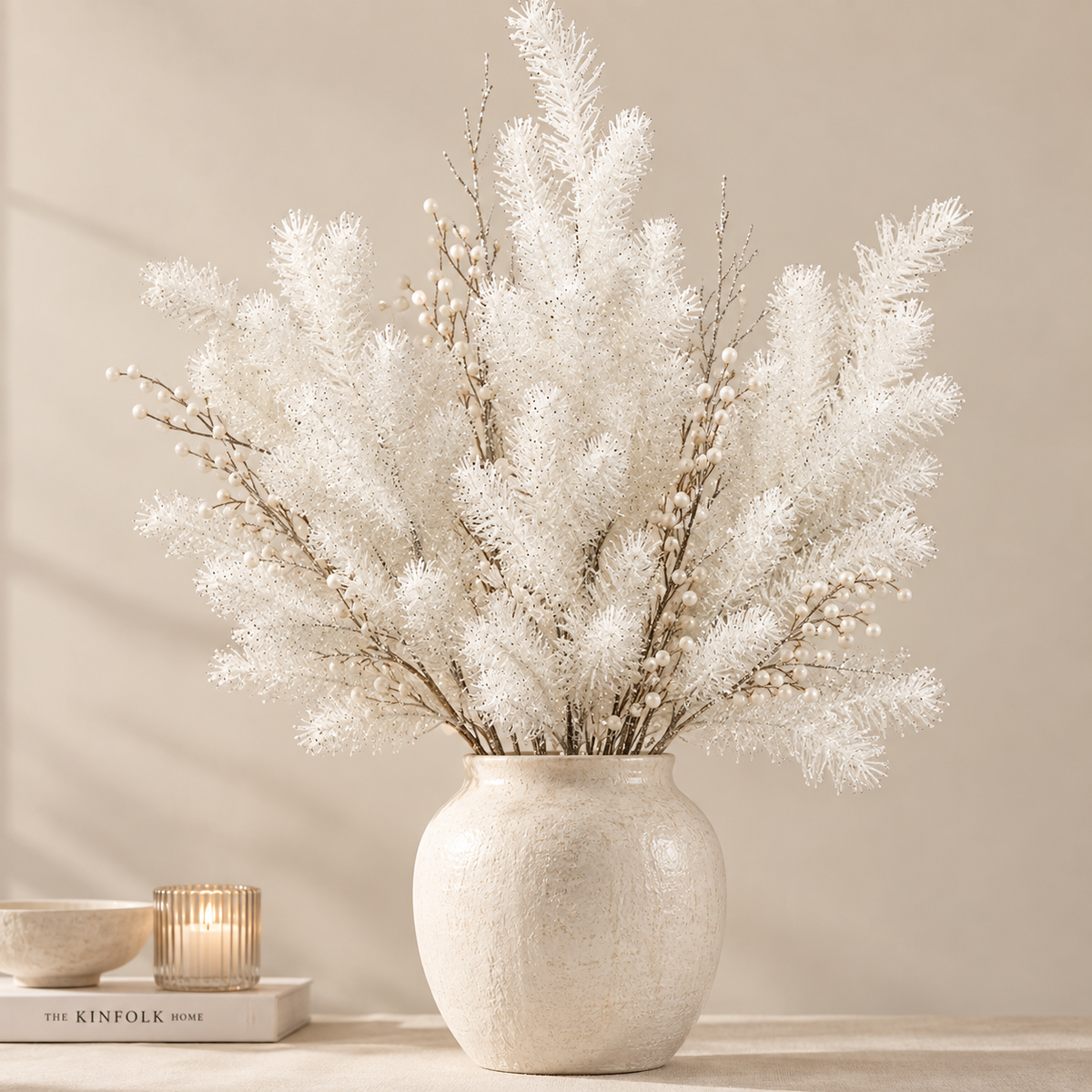 Ramo di Pino Artificiale Bianco Glitter H 96 cm - EDG