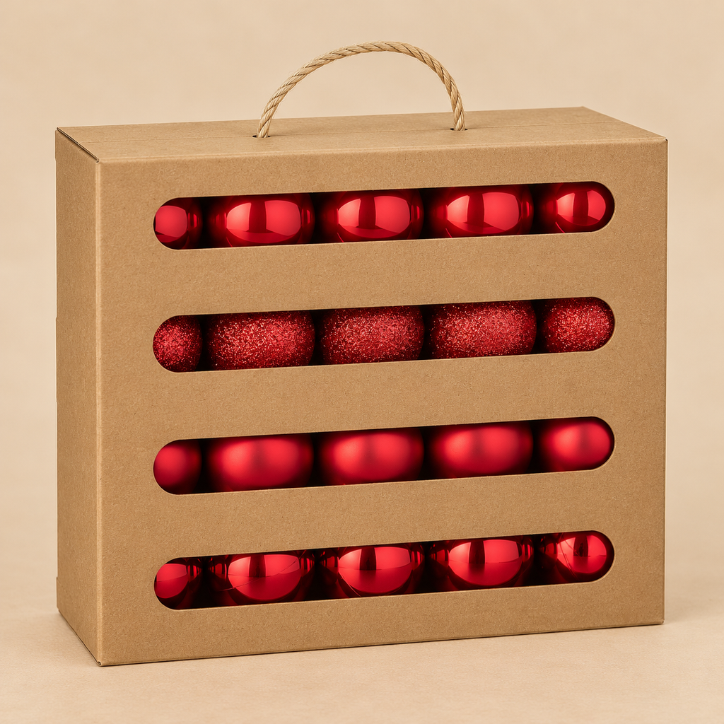 Set 40 Sfere di Natale in PVC Rosso con Finiture Lucide, Satinate e Glitterate
