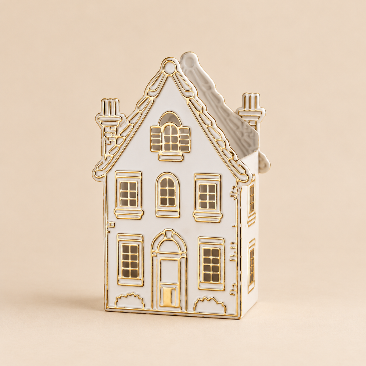 Portacandela Natalizio Casetta Bianca e Oro in Metallo con Tetto Spiovente e Finestre – Collezione Villaggio di Luci 19x9x30 cm