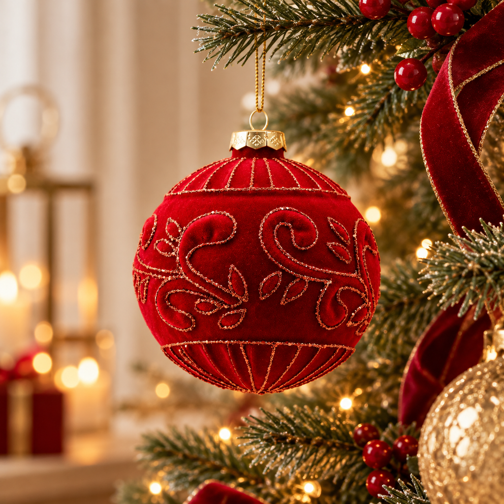 Sfera di Natale Rosso Effetto Velluto con Decori Barocchi e Glitter – Ø 10 cm