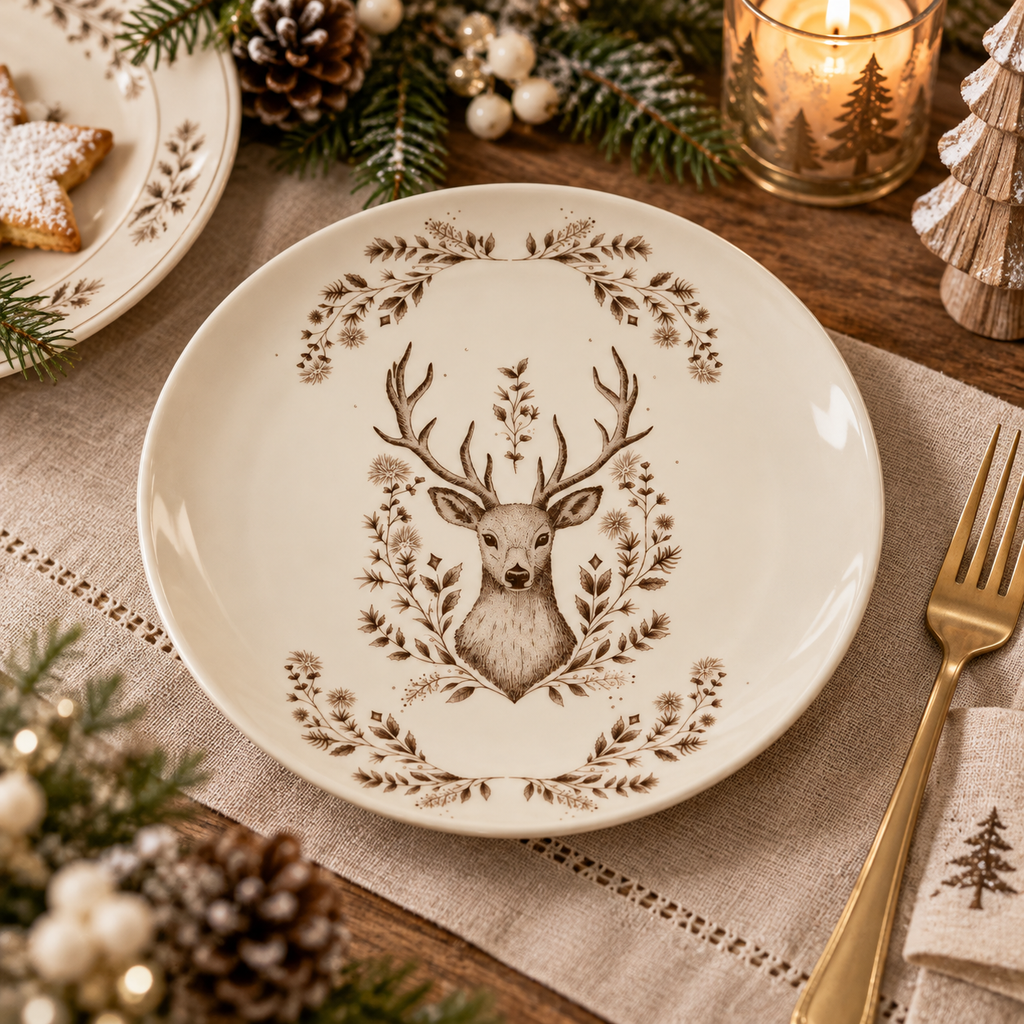 Piatto da Dessert Natalizio Winter Woodland in Porcellana con Cervo Beige Ø20 cm