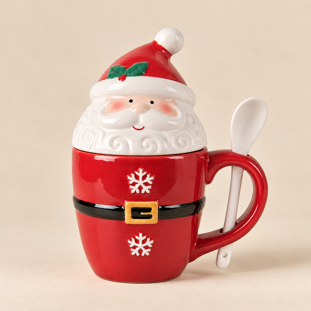 Tazza Natalizia Babbo Natale con Coperchio e Cucchiaino 300 ml in Ceramica