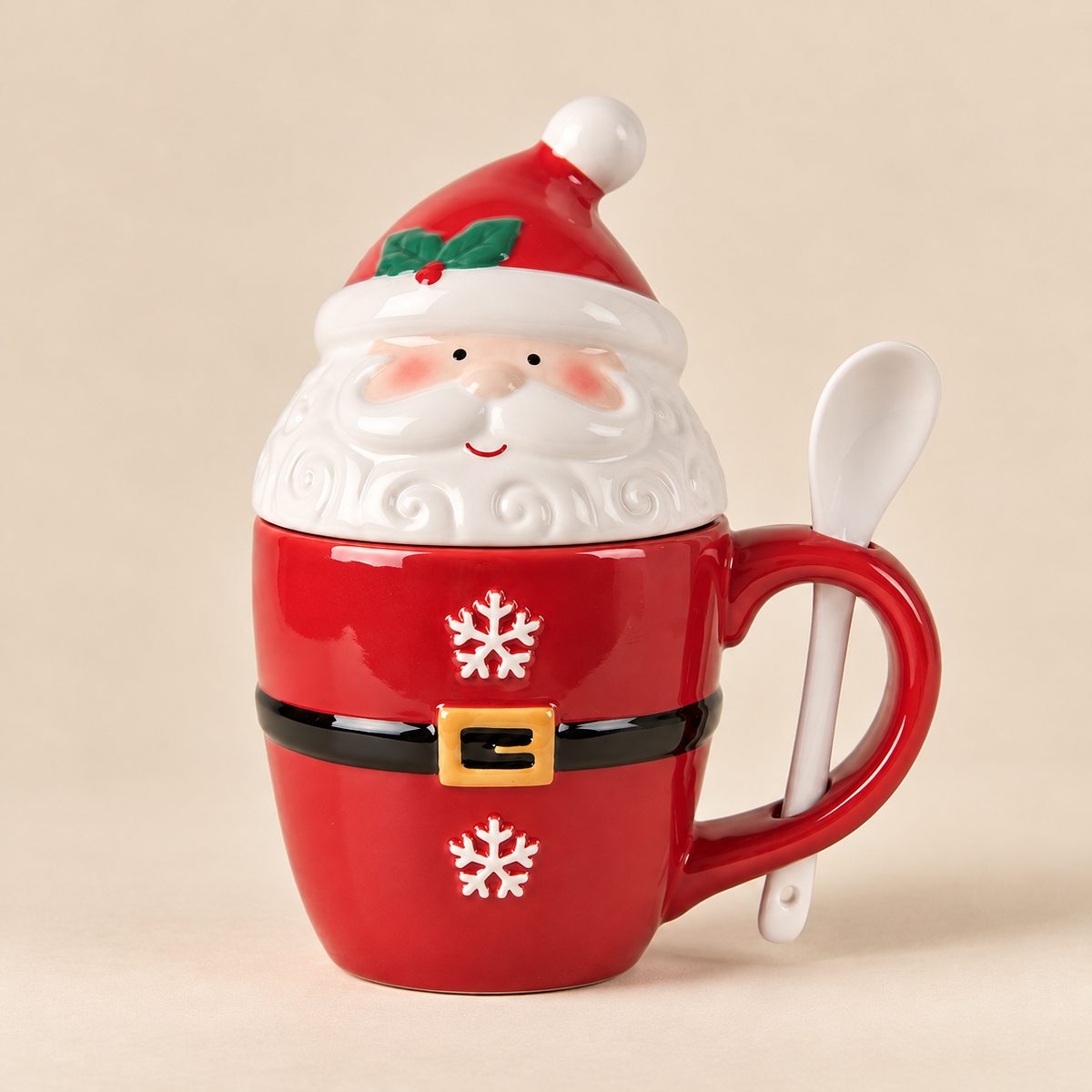 Tazza Natalizia Babbo Natale con Coperchio e Cucchiaino 300 ml in Ceramica