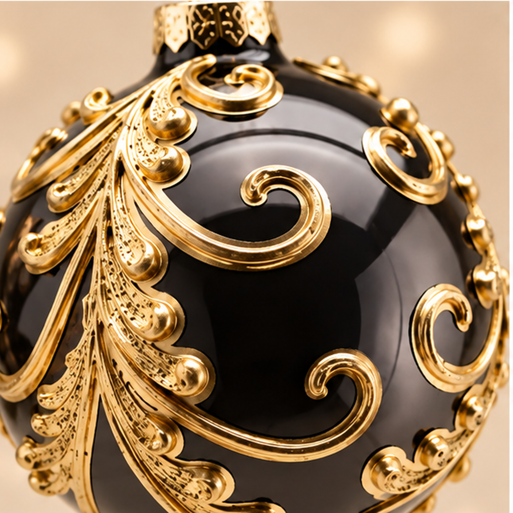 Sfera di Natale in Vetro Nero e Oro con Decoro Barocco Ø 10 cm - Assortita